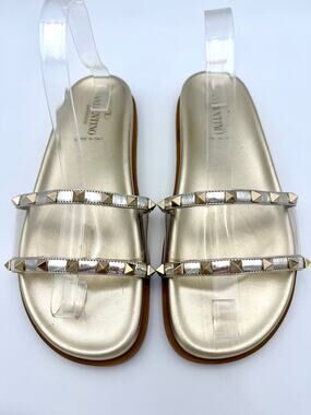 Valentino Clear Rockstud Slides Sandals Size 39 / 9 Metallic Silver Gold PVC